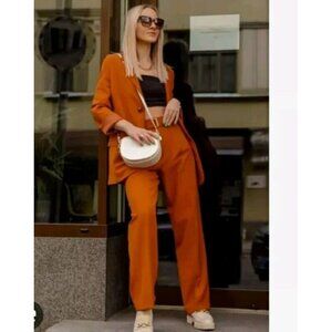 ZARA NEW WOMAN Trapeded TROUSERS WITH BELT PANT Dark CORAL S 2659 460 14.5 Ptp